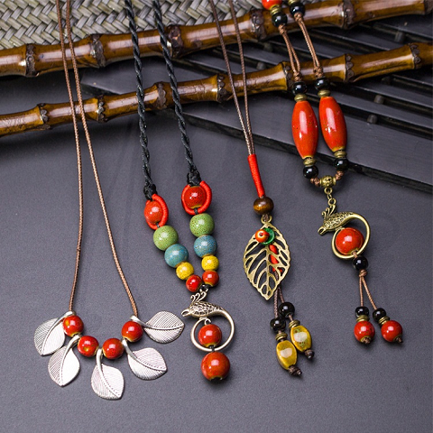 [buy 2 get 1 free] handmade ethnic style ceramic sweater chain versatile retro long accessories necklace pendant