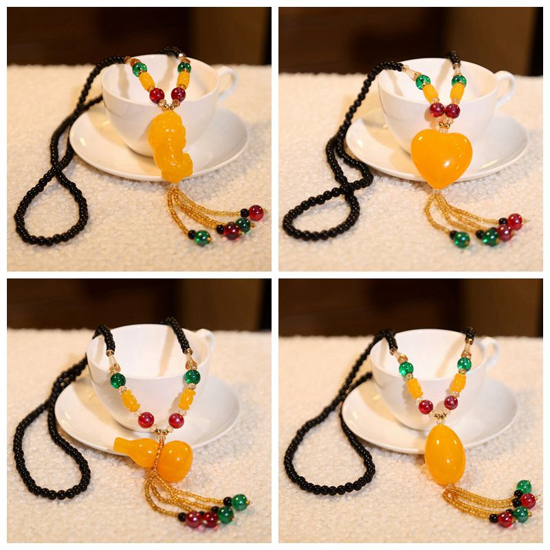 Autumn and Winter Women's Sweater Chain Ethnic Style Imitation Beeswax Sweater Necklace Pendant Korean Simple Clothes Ornament Pendant